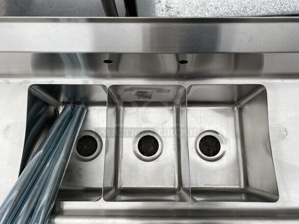 BRAND NEW! BK Stainless Steel Commercial 3 Bay Sink w/ Dual Drainboards. Comes w/ Legs! 60x20x23. Bays 10x14x10. Drainboards 13x16x2. Legs 22 - Image 5 of 5