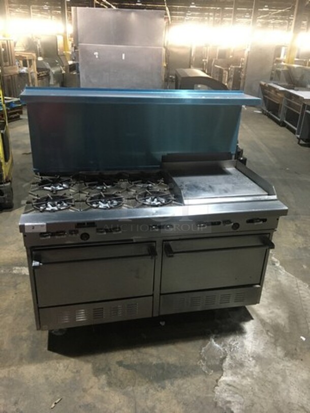 Amazing! Garland Natural Gas Powered 6 Burner Stove With 24 Inch Flat Grill Combo! With Double Full Size Convection Ovens Underneath! With Raised Stainless Steel Back Splash With Salamander Shelf! On Commercial Casters! 