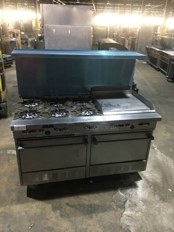 Amazing! Garland Natural Gas Powered 6 Burner Stove With 24 Inch Flat Grill Combo! With Double Full Size Convection Ovens Underneath! With Raised Stainless Steel Back Splash With Salamander Shelf! On Commercial Casters!  - Image 1 of 11