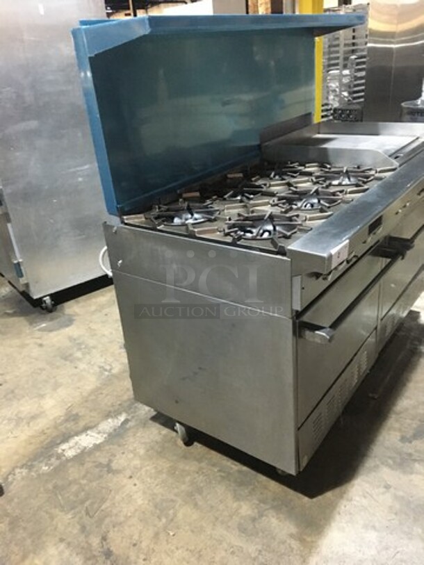 Amazing! Garland Natural Gas Powered 6 Burner Stove With 24 Inch Flat Grill Combo! With Double Full Size Convection Ovens Underneath! With Raised Stainless Steel Back Splash With Salamander Shelf! On Commercial Casters!  - Image 2 of 11