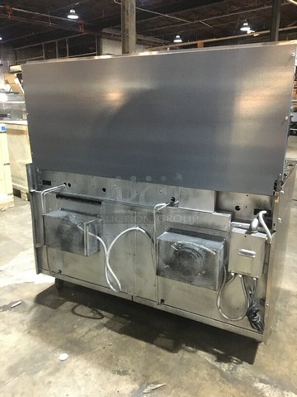 Amazing! Garland Natural Gas Powered 6 Burner Stove With 24 Inch Flat Grill Combo! With Double Full Size Convection Ovens Underneath! With Raised Stainless Steel Back Splash With Salamander Shelf! On Commercial Casters!  - Image 3 of 11