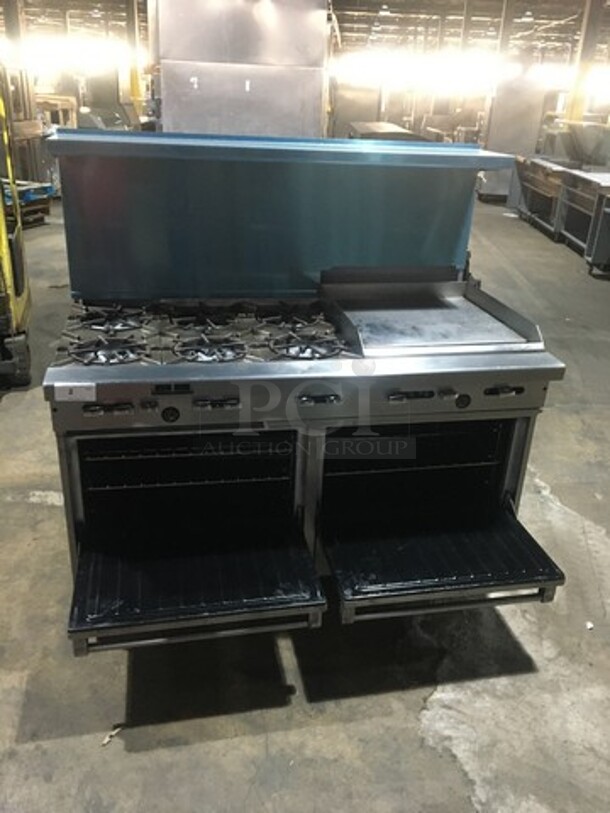 Amazing! Garland Natural Gas Powered 6 Burner Stove With 24 Inch Flat Grill Combo! With Double Full Size Convection Ovens Underneath! With Raised Stainless Steel Back Splash With Salamander Shelf! On Commercial Casters!  - Image 4 of 11