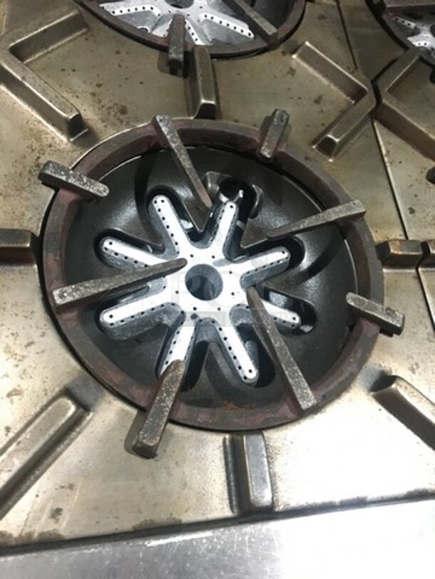 Amazing! Garland Natural Gas Powered 6 Burner Stove With 24 Inch Flat Grill Combo! With Double Full Size Convection Ovens Underneath! With Raised Stainless Steel Back Splash With Salamander Shelf! On Commercial Casters!  - Image 6 of 11