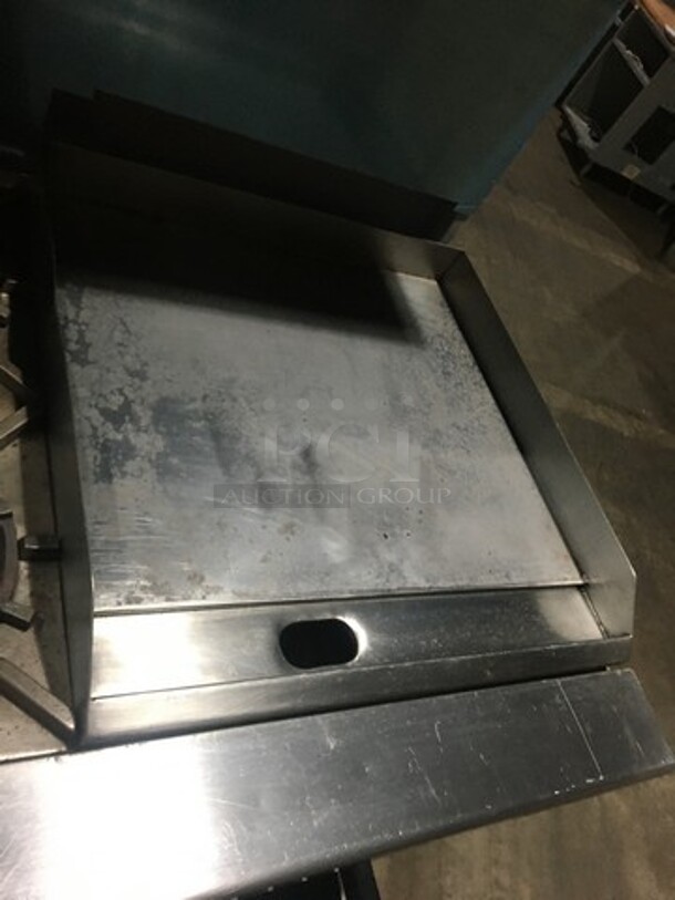 Amazing! Garland Natural Gas Powered 6 Burner Stove With 24 Inch Flat Grill Combo! With Double Full Size Convection Ovens Underneath! With Raised Stainless Steel Back Splash With Salamander Shelf! On Commercial Casters!  - Image 7 of 11
