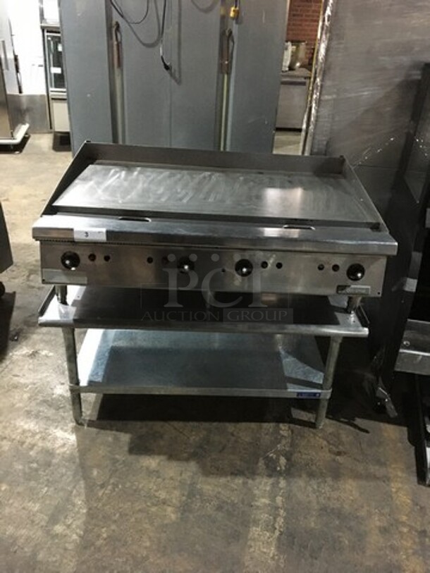 Nice! Garland Natural Gas Powered 48 Inch Flat Grill! On Stainless Steel Equipment Stand! With Underneath Storage Space!
