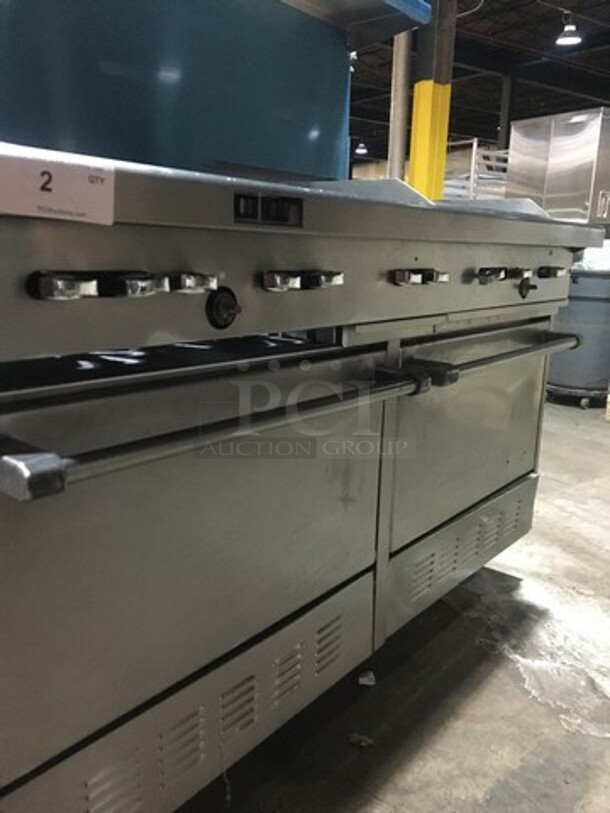 Amazing! Garland Natural Gas Powered 6 Burner Stove With 24 Inch Flat Grill Combo! With Double Full Size Convection Ovens Underneath! With Raised Stainless Steel Back Splash With Salamander Shelf! On Commercial Casters!  - Image 9 of 11