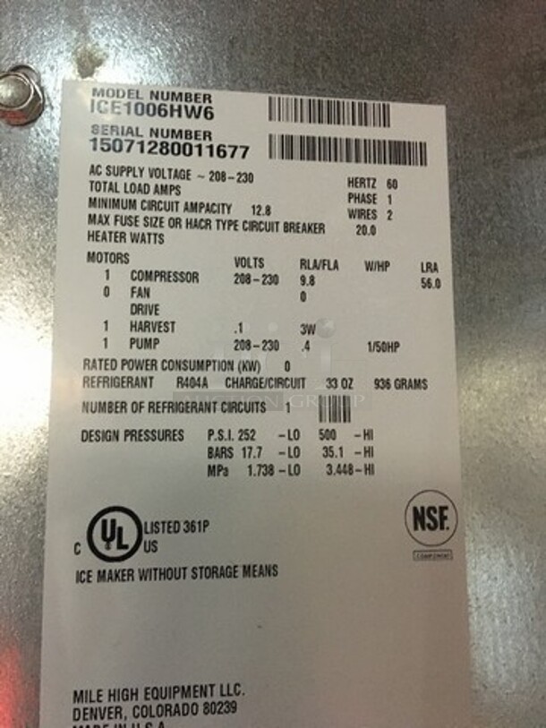 Nice! Ice-O-Matic Commercial 1000Lbs Ice Machine! One Ice-O-Matic Ice Bin! Model ICE1006HW6 Serial 15071280011677! 208/230V 1 Phase! On Legs! 2 X Your Bid Makes One Unit!  - Image 7 of 9