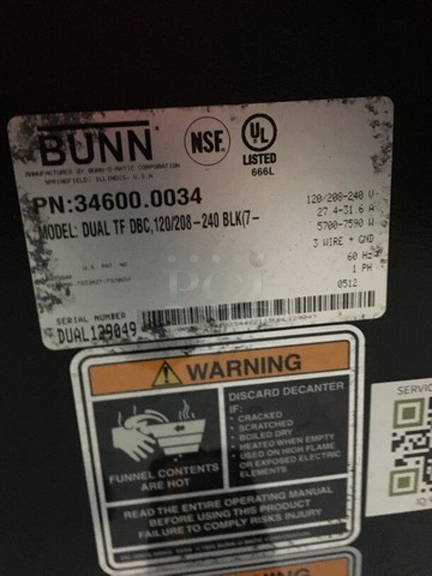 Bunn Dual Section Commercial Coffee Brewing Machine! Digital Control! With Hot Water Line! Model Dual TF DBC Serial 129049! 120/208/240V 1 Phase!  - Image 9 of 10