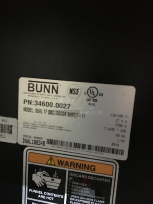 Bunn Dual Section Commercial Coffee Brewing Machine! Digital Control! With Hot Water Line! Model Dual TF DBC Serial 108348! 120/208/240V 1 Phase!  - Image 7 of 8