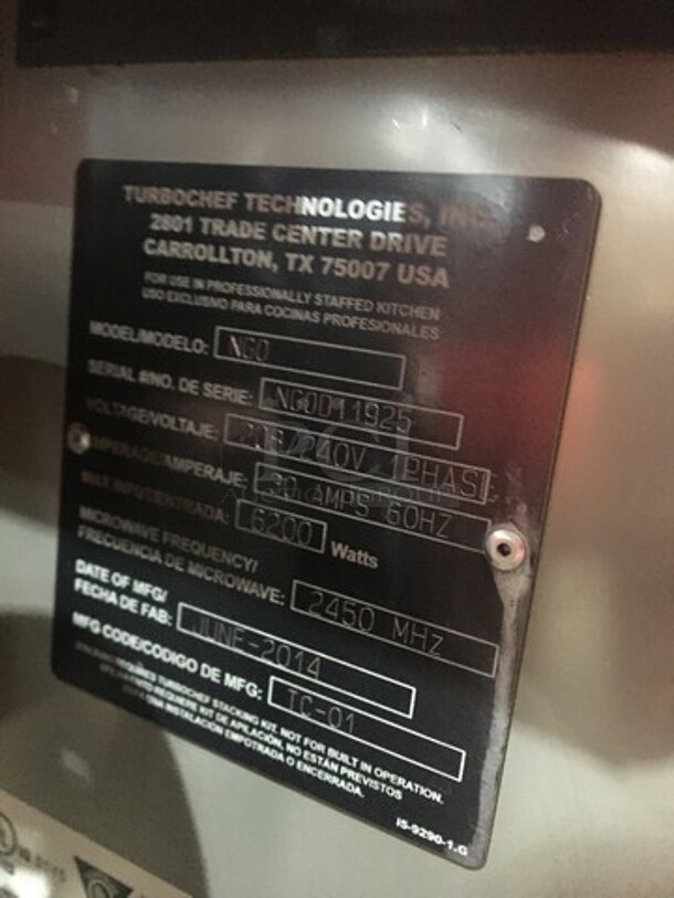 Great! 2014 Turbo Chef Rapid Speed Oven! Model NGO Serial NGOD11925! 208/240V 1 Phase! On Legs!  - Image 5 of 6