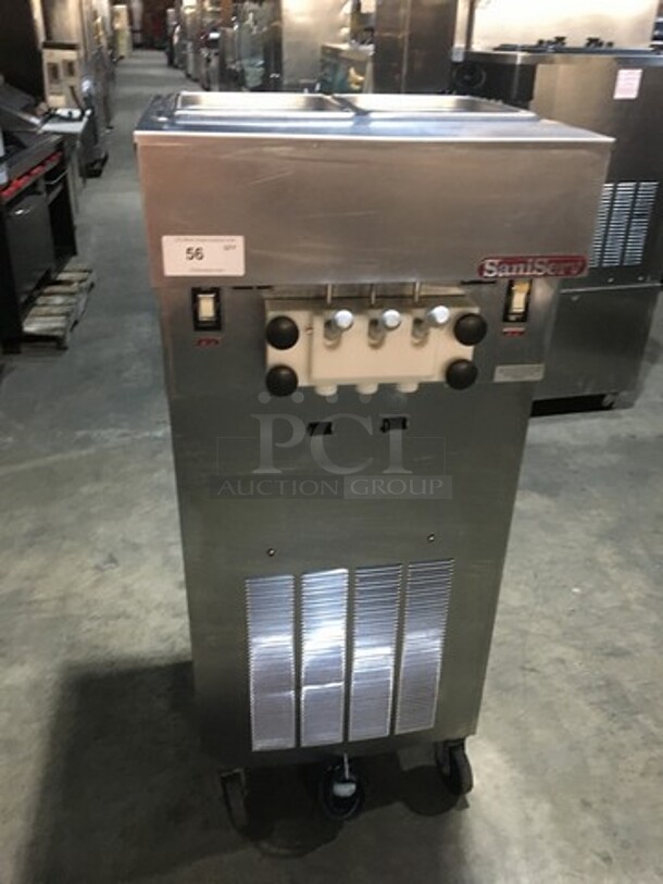 Wow! Saniserve 3 Handle Soft Serve Ice Cream Machine! Model A5271P Serial K131810! 208/230V 1 Phase! On Commercial Casters! 