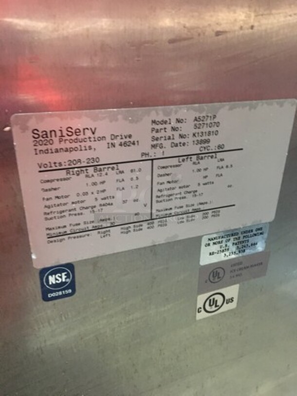 Wow! Saniserve 3 Handle Soft Serve Ice Cream Machine! Model A5271P Serial K131810! 208/230V 1 Phase! On Commercial Casters!  - Image 10 of 11