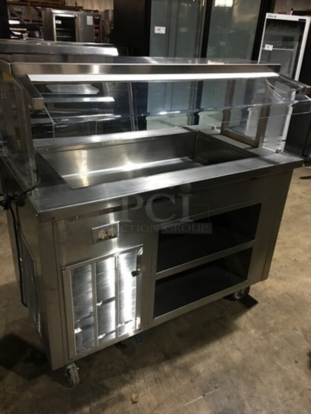 Delfield Refrigerated All Stainless Steel Refrigerated Cold Pan Salad Bar Island Merchandiser! With Sneeze Guard! Model KCSC50NU Serial 59213213M! 115V 1 Phase! On Commercial Casters!  - Image 4 of 12