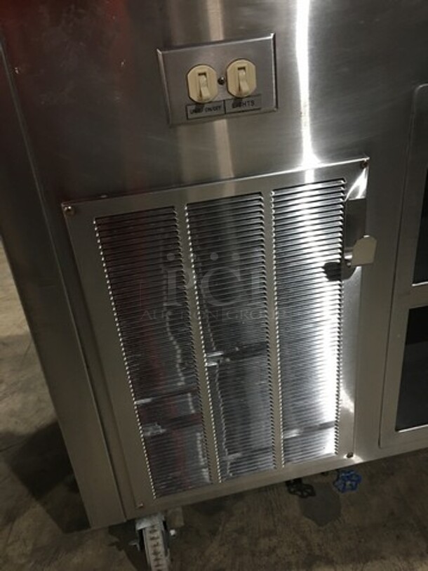 Delfield Refrigerated All Stainless Steel Refrigerated Cold Pan Salad Bar Island Merchandiser! With Sneeze Guard! Model KCSC50NU Serial 59213213M! 115V 1 Phase! On Commercial Casters!  - Image 10 of 12