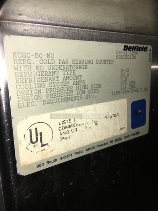 Delfield Refrigerated All Stainless Steel Refrigerated Cold Pan Salad Bar Island Merchandiser! With Sneeze Guard! Model KCSC50NU Serial 59213213M! 115V 1 Phase! On Commercial Casters!  - Image 11 of 12