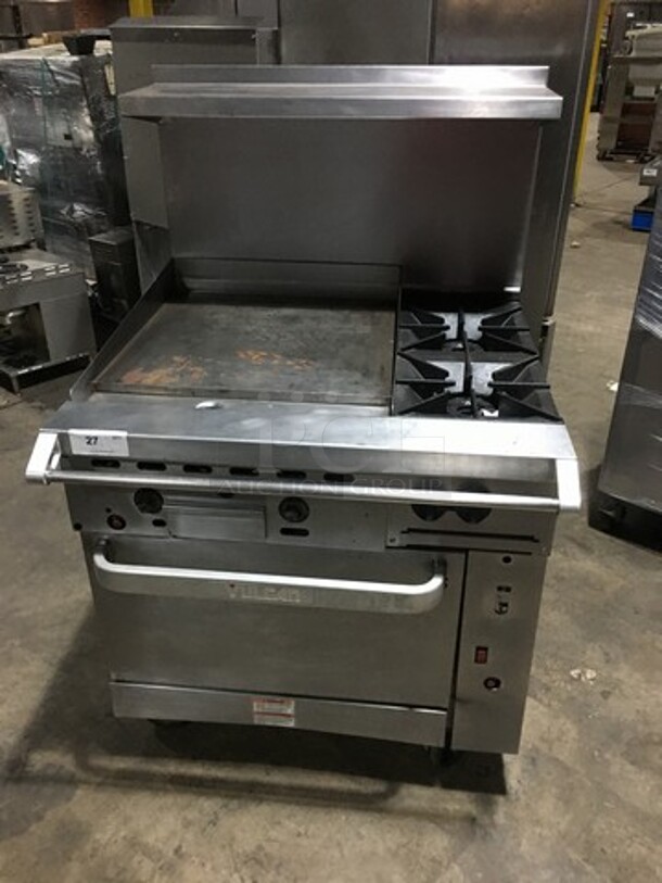 Amazing! RARE FIND! Vulcan Natural Gas Powered 2 Burner Range With 24 Inch Flat Top Grill! With Full Size Convection Oven Underneath! With Metal Racks! Model 36C-24GT2BN Serial 481830709! On Commercial Casters!  