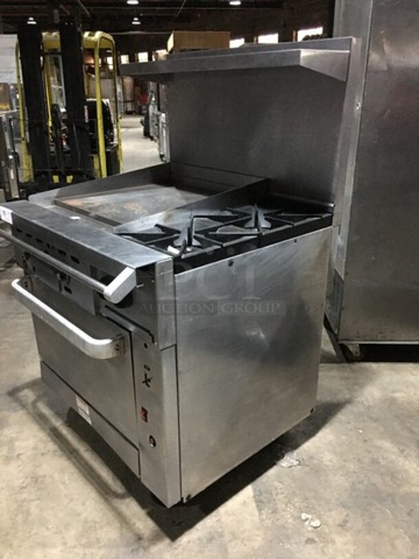 Amazing! RARE FIND! Vulcan Natural Gas Powered 2 Burner Range With 24 Inch Flat Top Grill! With Full Size Convection Oven Underneath! With Metal Racks! Model 36C-24GT2BN Serial 481830709! On Commercial Casters!   - Image 2 of 12