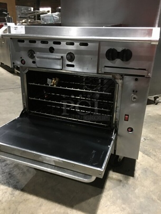 Amazing! RARE FIND! Vulcan Natural Gas Powered 2 Burner Range With 24 Inch Flat Top Grill! With Full Size Convection Oven Underneath! With Metal Racks! Model 36C-24GT2BN Serial 481830709! On Commercial Casters!   - Image 8 of 12