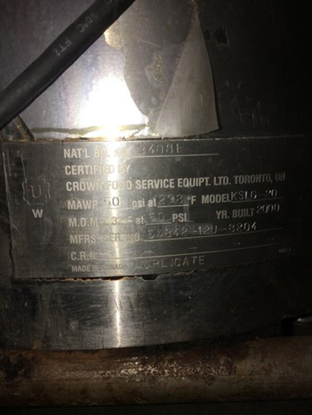 Wow! Southbend Self Contained Natural Gas Powered Jacketed Soup Kettle! All S.S.! Steam Master Series! Model KSLG-20 Serial 5484212U8204! On Legs!  - Image 10 of 11
