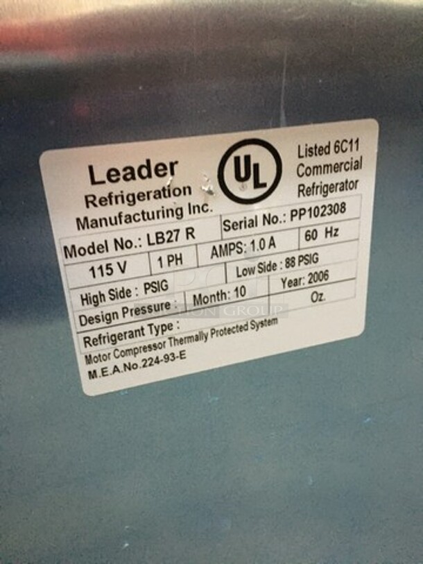 NEW NEVER USED! Leader One Door Refrigerated Lowboy Cooler Worktop! With Pan Rack Holder Inside! Model LB27R Serial PP102308! 115V 1 Phase! Remote Compressor/No Compressor! On Commercial Casters!  - Image 7 of 9