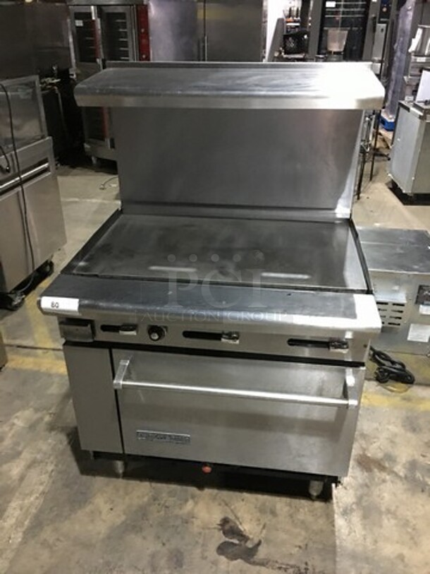 Nice! American Range Natural Gas Powered Flat Griddle! With Full Size Oven! With Raised Backsplash And Salamander Shelf! On Legs! 