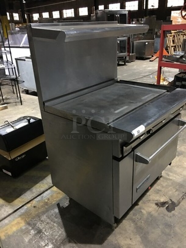Nice! American Range Natural Gas Powered Flat Griddle! With Full Size Oven! With Raised Backsplash And Salamander Shelf! On Legs!  - Image 2 of 11