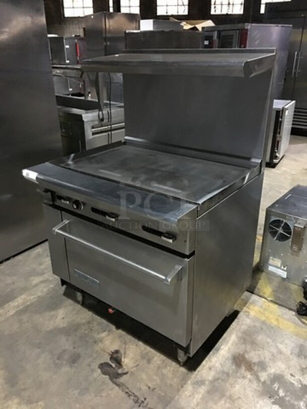 Nice! American Range Natural Gas Powered Flat Griddle! With Full Size Oven! With Raised Backsplash And Salamander Shelf! On Legs!  - Image 10 of 11