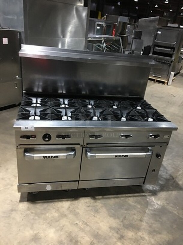 WOW! Vulcan Heavy Duty Commercial 10 Burner Range! With 2 Full Size Ovens Underneath! With All Stainless Steel Raised Backsplash & Salamander Shelf! With Metal Cooking Racks! On Commercial Casters!  - Image 1 of 11