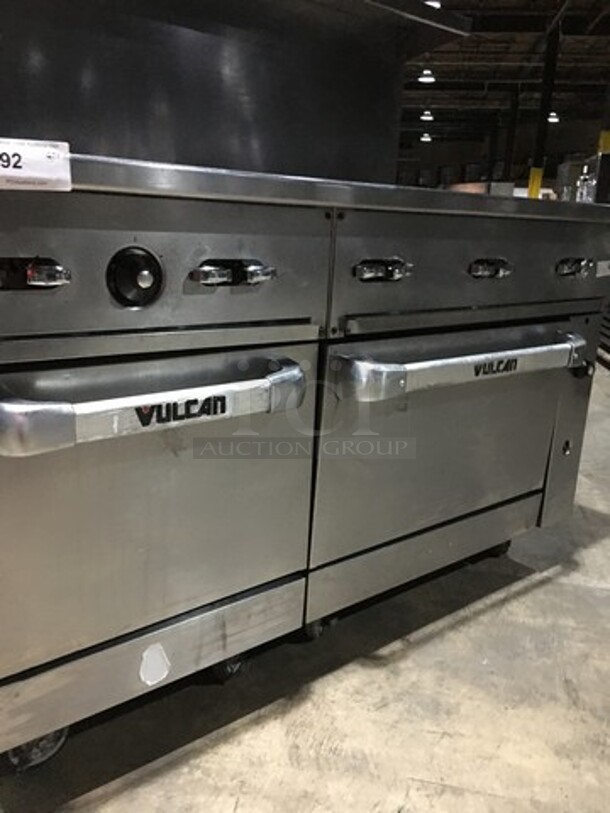 WOW! Vulcan Heavy Duty Commercial 10 Burner Range! With 2 Full Size Ovens Underneath! With All Stainless Steel Raised Backsplash & Salamander Shelf! With Metal Cooking Racks! On Commercial Casters!  - Image 10 of 11