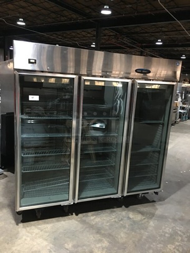 Sweet! Hoshizaki 3 Door Split Merchandiser! 2 Glass Door With 1 One Glass Door Reach In Freezer Merchandiser! With Poly Coated Racks! Model CR3B-FGY Serial D80090L! 115V 1 Phase! On Casters!  