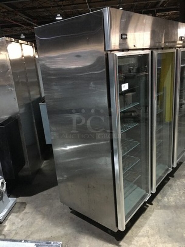Sweet! Hoshizaki 3 Door Split Merchandiser! 2 Glass Door With 1 One Glass Door Reach In Freezer Merchandiser! With Poly Coated Racks! Model CR3B-FGY Serial D80090L! 115V 1 Phase! On Casters!   - Image 2 of 9