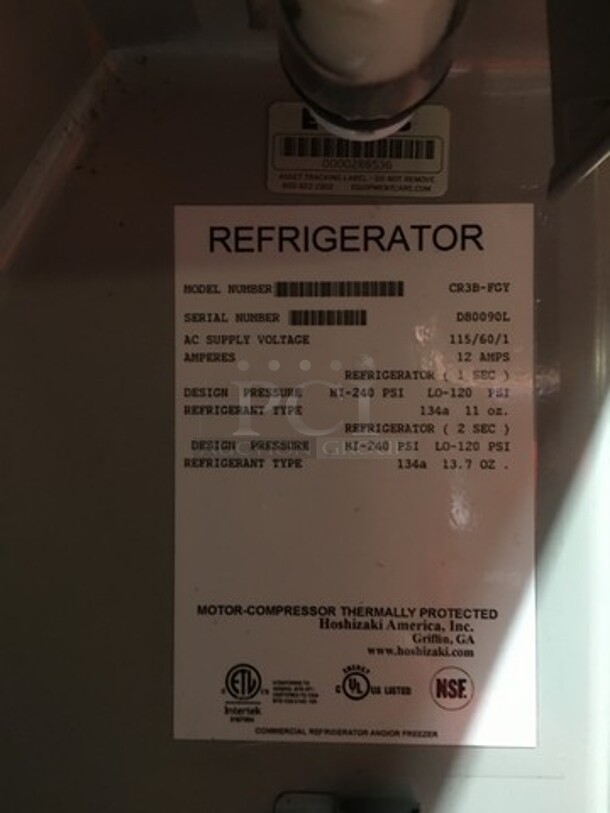 Sweet! Hoshizaki 3 Door Split Merchandiser! 2 Glass Door With 1 One Glass Door Reach In Freezer Merchandiser! With Poly Coated Racks! Model CR3B-FGY Serial D80090L! 115V 1 Phase! On Casters!   - Image 8 of 9