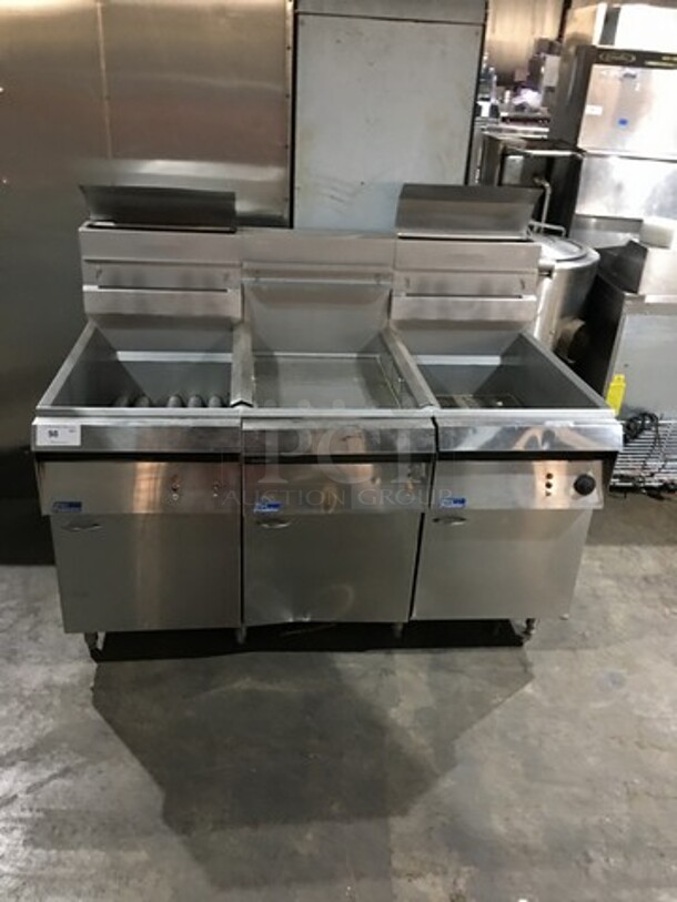 Nice! Pitco Dual 75LBS Natural Gas Powered 2 Bay Deep Fat Fryer! With Dump Station! Each Bay Is 5 Burners! With Oil Filter! Model F183S Serial 10-86AX20277SNPS! On Legs! 