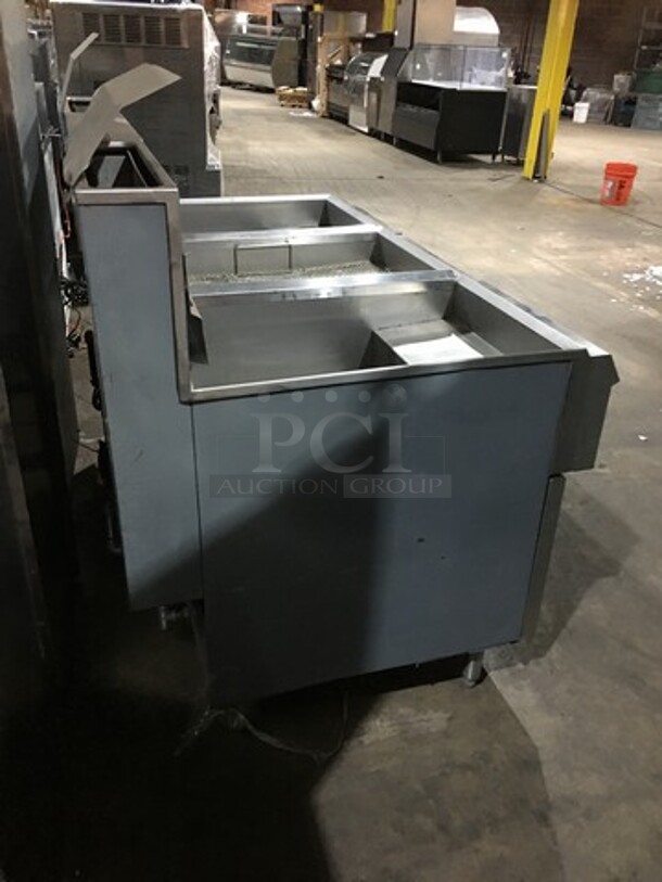 Nice! Pitco Dual 75LBS Natural Gas Powered 2 Bay Deep Fat Fryer! With Dump Station! Each Bay Is 5 Burners! With Oil Filter! Model F183S Serial 10-86AX20277SNPS! On Legs!  - Image 3 of 12