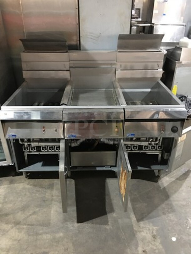 Nice! Pitco Dual 75LBS Natural Gas Powered 2 Bay Deep Fat Fryer! With Dump Station! Each Bay Is 5 Burners! With Oil Filter! Model F183S Serial 10-86AX20277SNPS! On Legs!  - Image 5 of 12