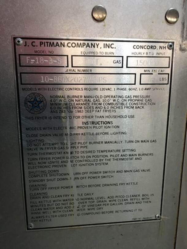 Nice! Pitco Dual 75LBS Natural Gas Powered 2 Bay Deep Fat Fryer! With Dump Station! Each Bay Is 5 Burners! With Oil Filter! Model F183S Serial 10-86AX20277SNPS! On Legs!  - Image 10 of 12