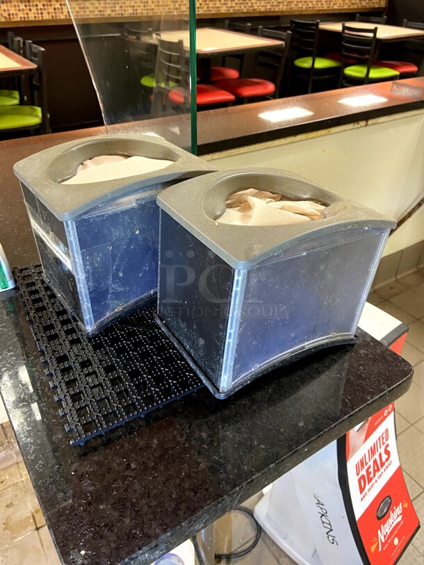 (3) Napkin Dispensers. 2 table top, one high volume.