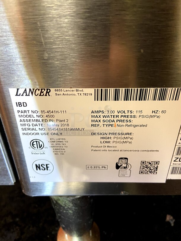 Lancer Soda Fountain.  Newer model. Very good condition. Unit has been disconnected by CocaCola company. (Dispenser only. NOT the ice maker.) - Image 3 of 4