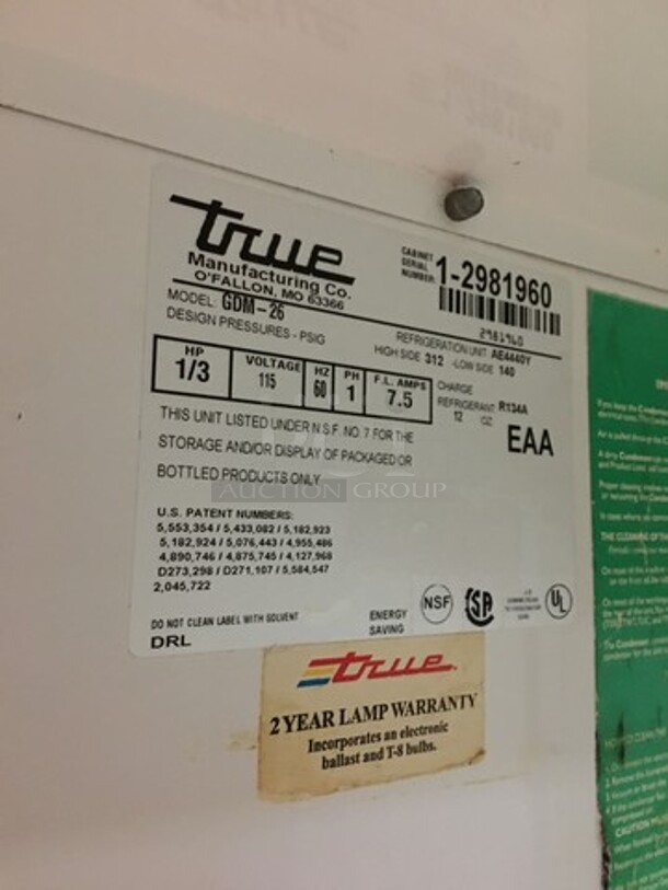 True Commercial Single Door Reach In Refrigerator Merchandiser! With Poly Coated Racks! Model GDM26 Serial 12981960! 115V 1Phase! Not Tested! - Image 8 of 9