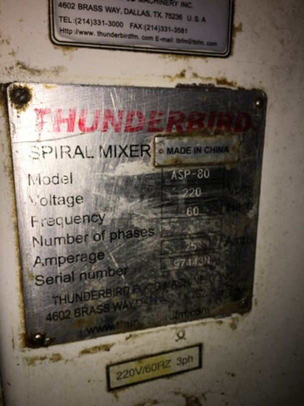 Thunderbird Commercial Heavy Duty Spiral Mixer! With 175 LB Dough Capacity! With Stainless Steel Bowl! Model ASP80 Serial 97443N! 220V 3 Phase! Not Tested! - Image 8 of 9