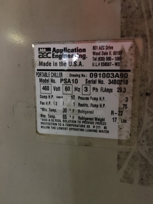 AEC Commercial Heavy Duty Portable Chiller! Model PSA10 Serial 091003A90! 460V 3Phase! Not Tested! - Image 9 of 10