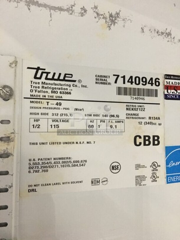 True Commercial 2 Door Reach In Cooler! With Poly Coated Racks! All Stainless Steel! Model T49 Serial 7140946! 115V 1 Phase! Powers On But Does Not Get Down To Temp! - Image 8 of 9