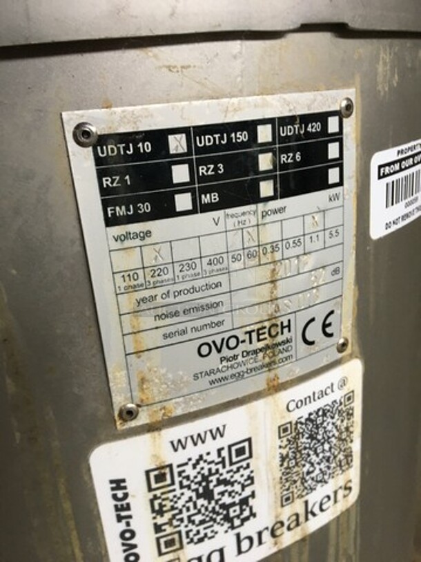 Ovo-Tech Commercial Floor Style Egg Cracker! All Stainless Steel! Model UDTJ10 Serial S013! 220V 3Phase! On Commercial Casters!  - Image 9 of 11