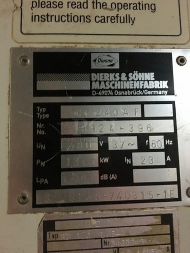 Diosna Commercial Floor Style Heavy Duty Spiral Mixer! With Stainless Steel Bowl On Casters! Model SP240AF Serial 98924396! 480V! Not Tested! - Image 9 of 11