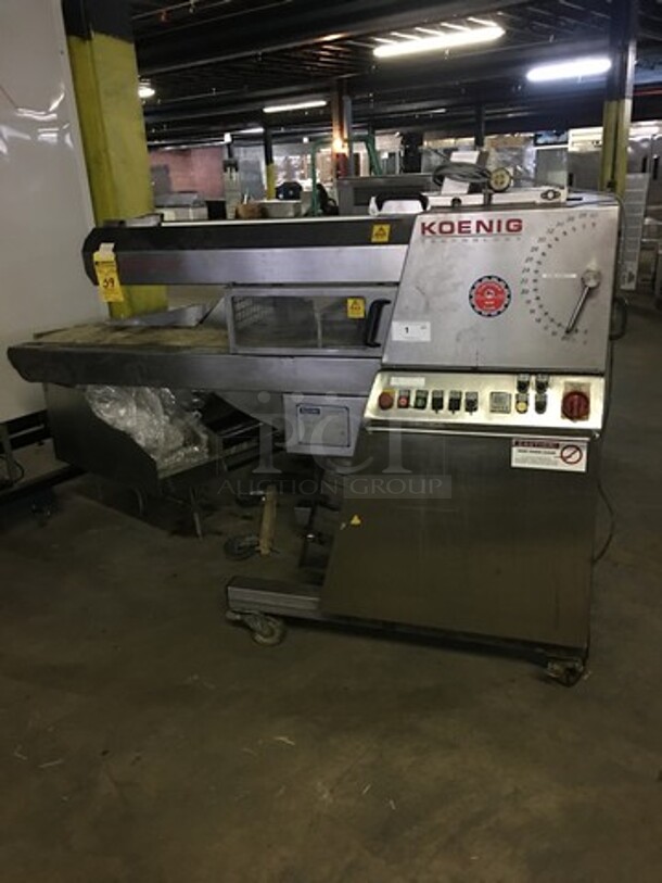 Nice! Koenig Floor Style Dough Sheeting Line!  Compact Dough Sheeting Machine For Various Buns - Triangular, Angular, & Rhombic! Model Teigbandmaschine Serial 3230017! All Stainless Steel Body! On Commercial Casters!  - Image 1 of 12