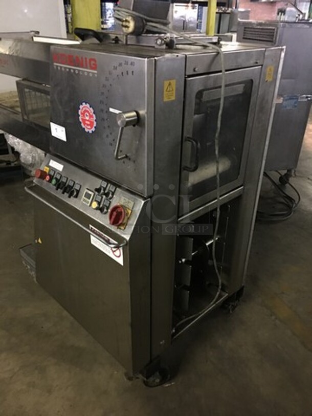 Nice! Koenig Floor Style Dough Sheeting Line!  Compact Dough Sheeting Machine For Various Buns - Triangular, Angular, & Rhombic! Model Teigbandmaschine Serial 3230017! All Stainless Steel Body! On Commercial Casters!  - Image 2 of 12
