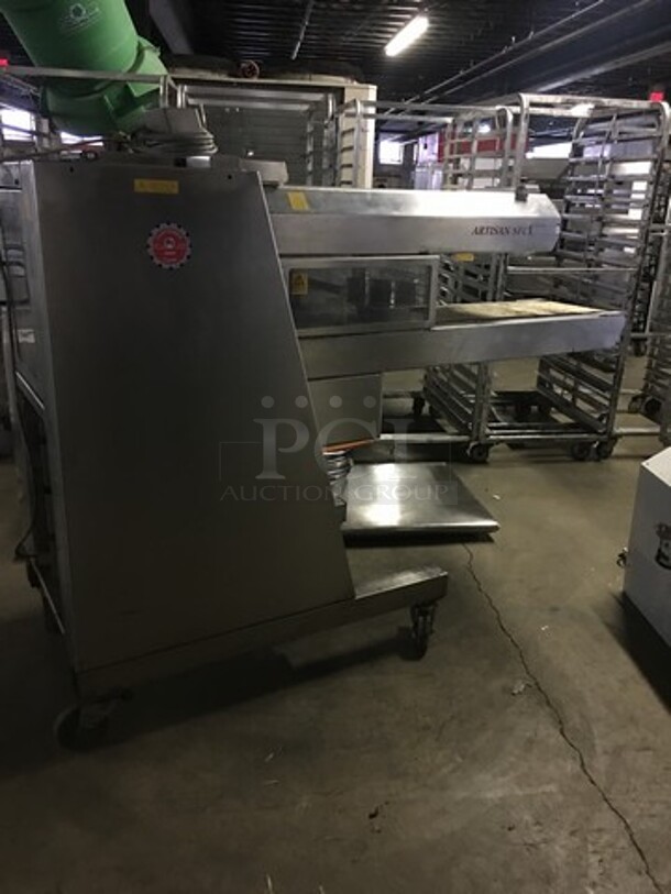 Nice! Koenig Floor Style Dough Sheeting Line!  Compact Dough Sheeting Machine For Various Buns - Triangular, Angular, & Rhombic! Model Teigbandmaschine Serial 3230017! All Stainless Steel Body! On Commercial Casters!  - Image 3 of 12