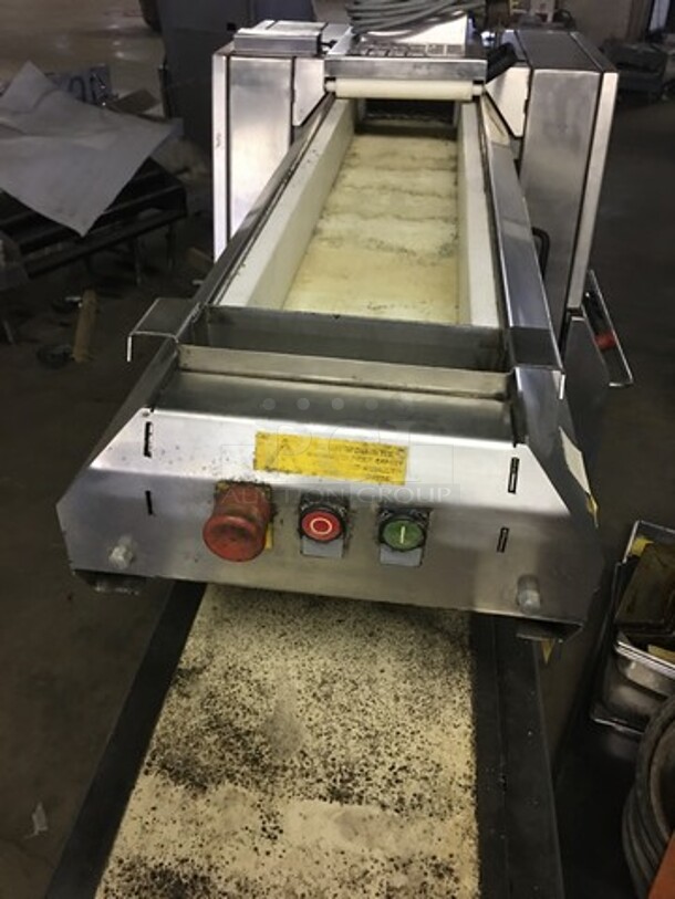 Nice! Koenig Floor Style Dough Sheeting Line!  Compact Dough Sheeting Machine For Various Buns - Triangular, Angular, & Rhombic! Model Teigbandmaschine Serial 3230017! All Stainless Steel Body! On Commercial Casters!  - Image 6 of 12