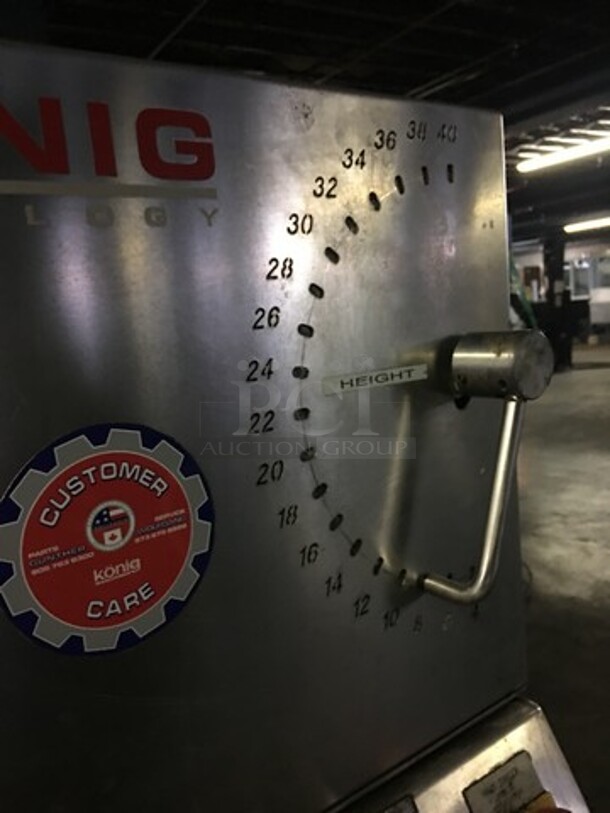Nice! Koenig Floor Style Dough Sheeting Line!  Compact Dough Sheeting Machine For Various Buns - Triangular, Angular, & Rhombic! Model Teigbandmaschine Serial 3230017! All Stainless Steel Body! On Commercial Casters!  - Image 8 of 12