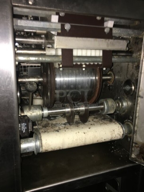 Nice! Koenig Floor Style Dough Sheeting Line!  Compact Dough Sheeting Machine For Various Buns - Triangular, Angular, & Rhombic! Model Teigbandmaschine Serial 3230017! All Stainless Steel Body! On Commercial Casters!  - Image 11 of 12